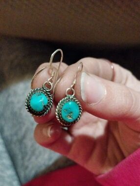 Vtg. RB Sterling Silver Turquoise Drop Earrings - Bright Turquoise